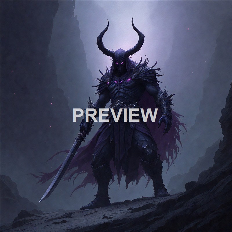 A dark, armored, horned figure with glowing purple eyes and a sword, standing on rocky terrain in a misty, mountainous landscape under a glowing sky.